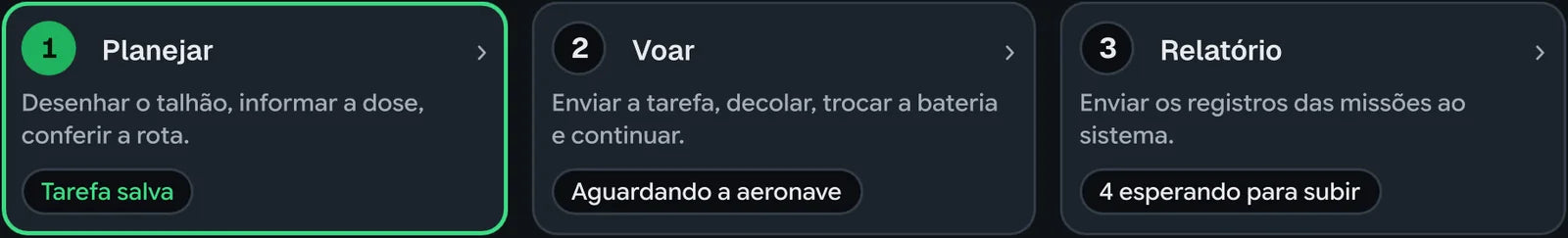 Tela inicial do aplicativo FOREST com os três passos: Planejar, Voar e Relatório