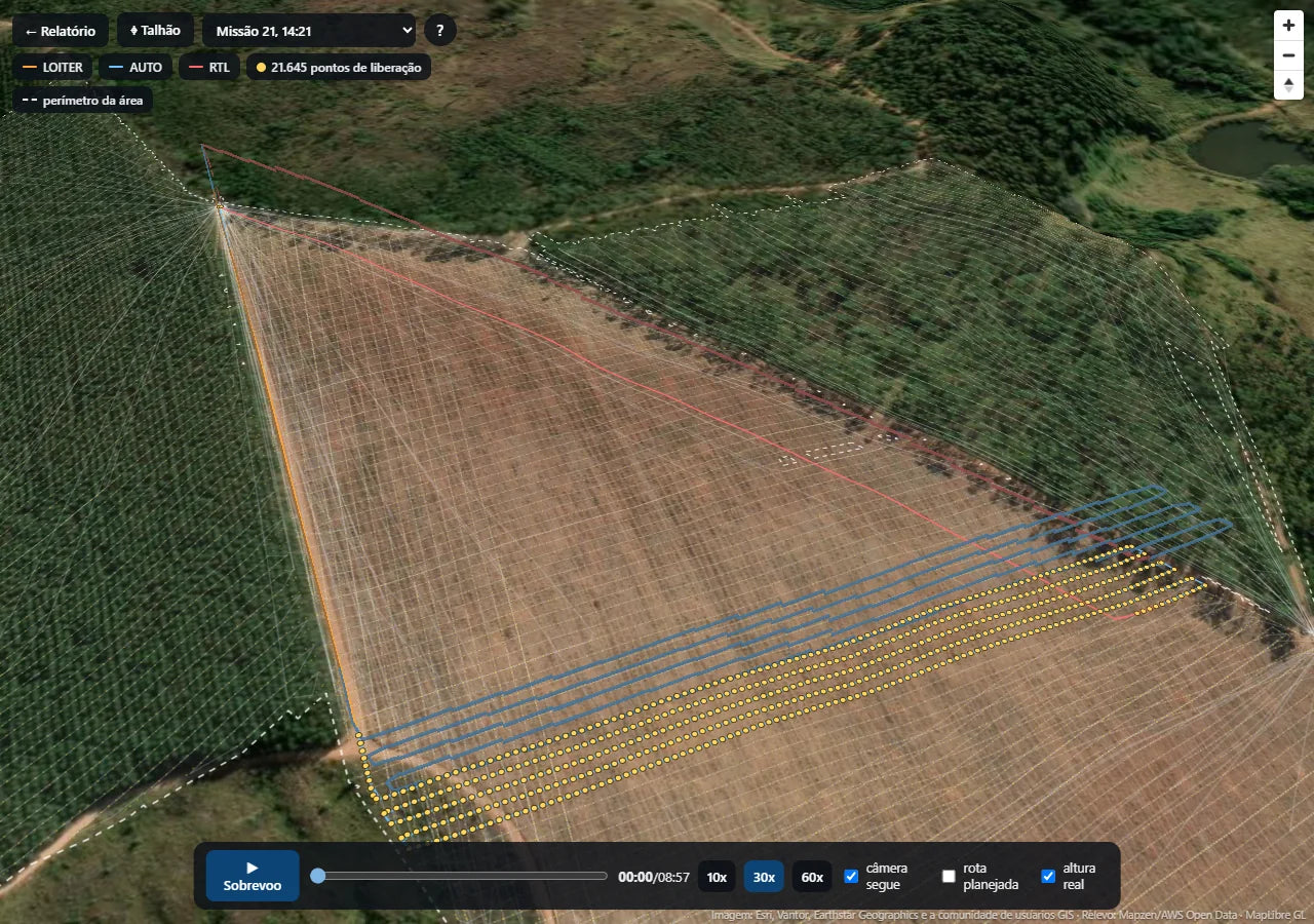 Relatório do FOREST em mapa 3D, com a rota de uma missão e os pontos de liberação em amarelo ao longo das faixas
