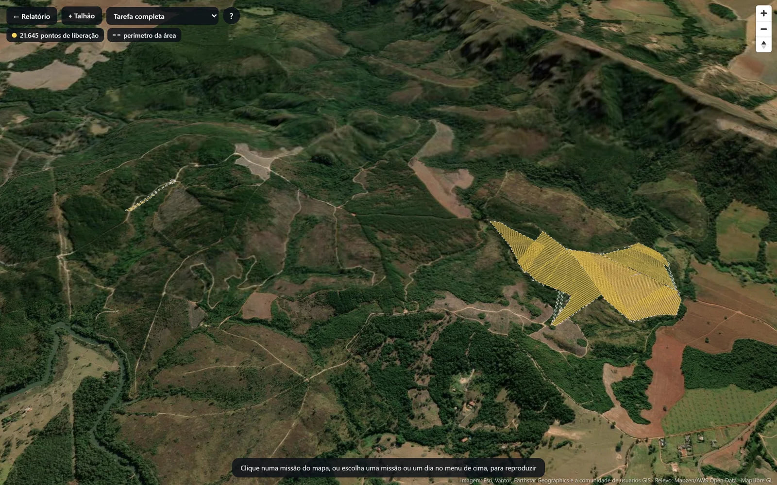 Tarefa de aplicação inteira no mapa 3D do relatório, com o relevo, todas as missões e o perímetro da área tratada