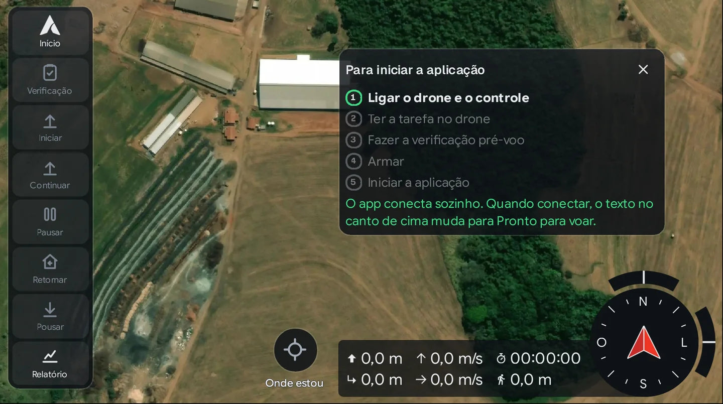 Aplicativo FOREST no controle, na tela de voo, com o guia para iniciar a aplicação e os botões Iniciar, Continuar, Pausar, Retomar e Pousar
